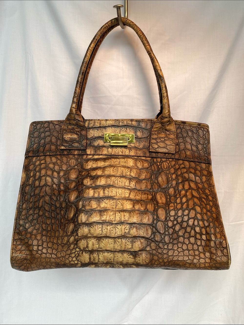 Suarez Classic Croc-Embossed Tote Bag in Brown and Gold